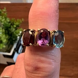 10k Garnet, Amethyst and Blue Topaz ring